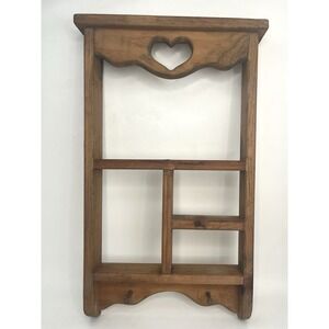 Vtg Wood Wall Shelf Curio Shadow Box Heart Dividers Display Country Farmhouse